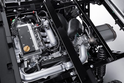 Top-down view of a side x side engine from inside the engine compartment. opens in a new window