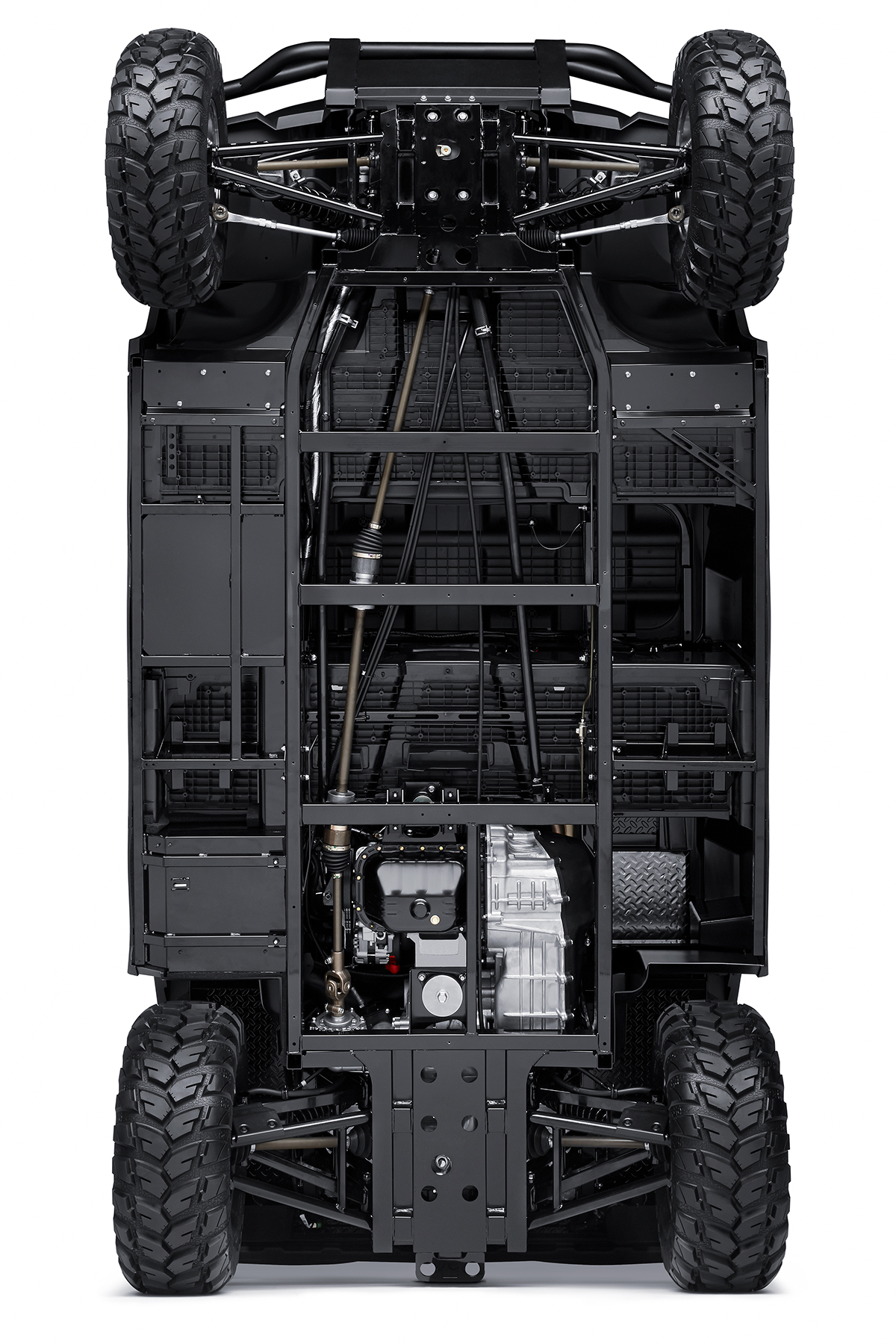 View from underneath showing the chassis of a side x side.