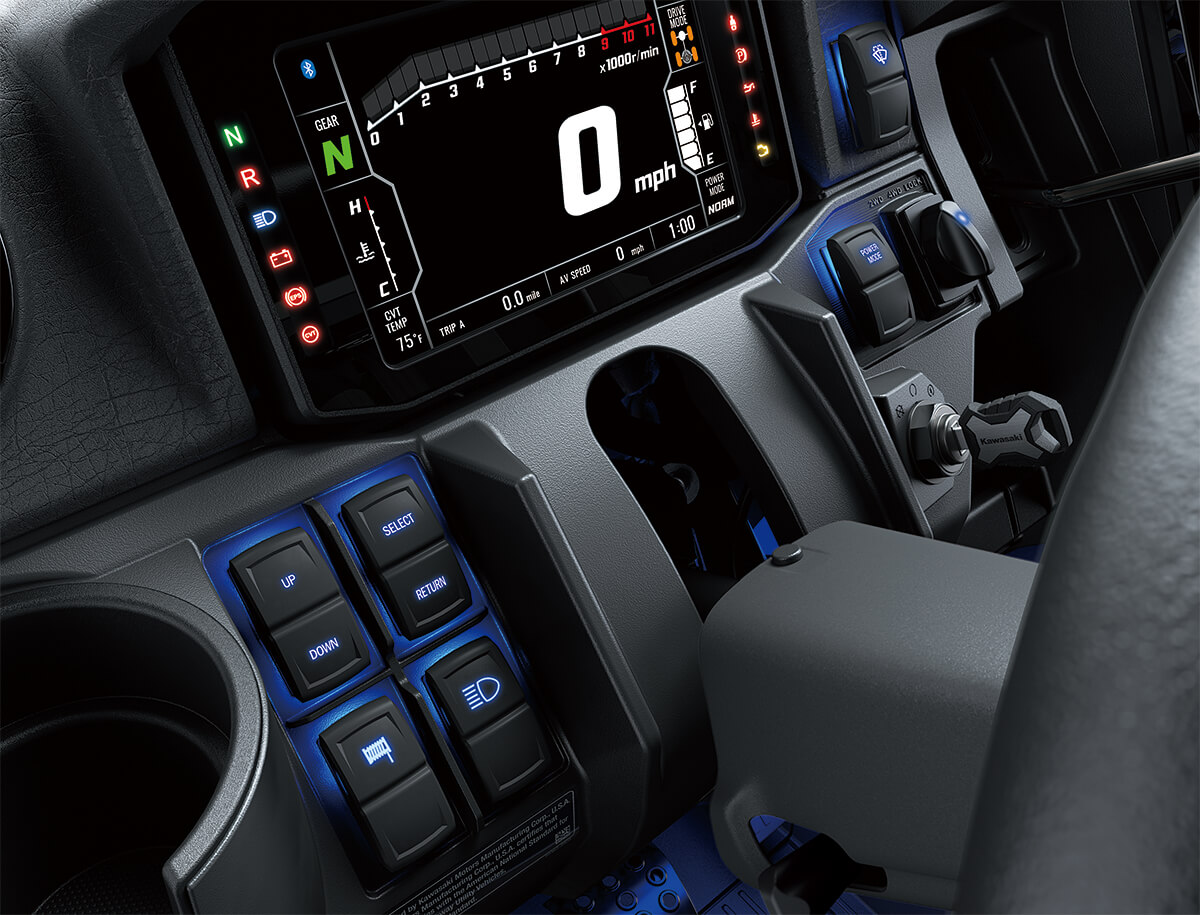 Interior detail of a side x side's dashboard with accent lighting.