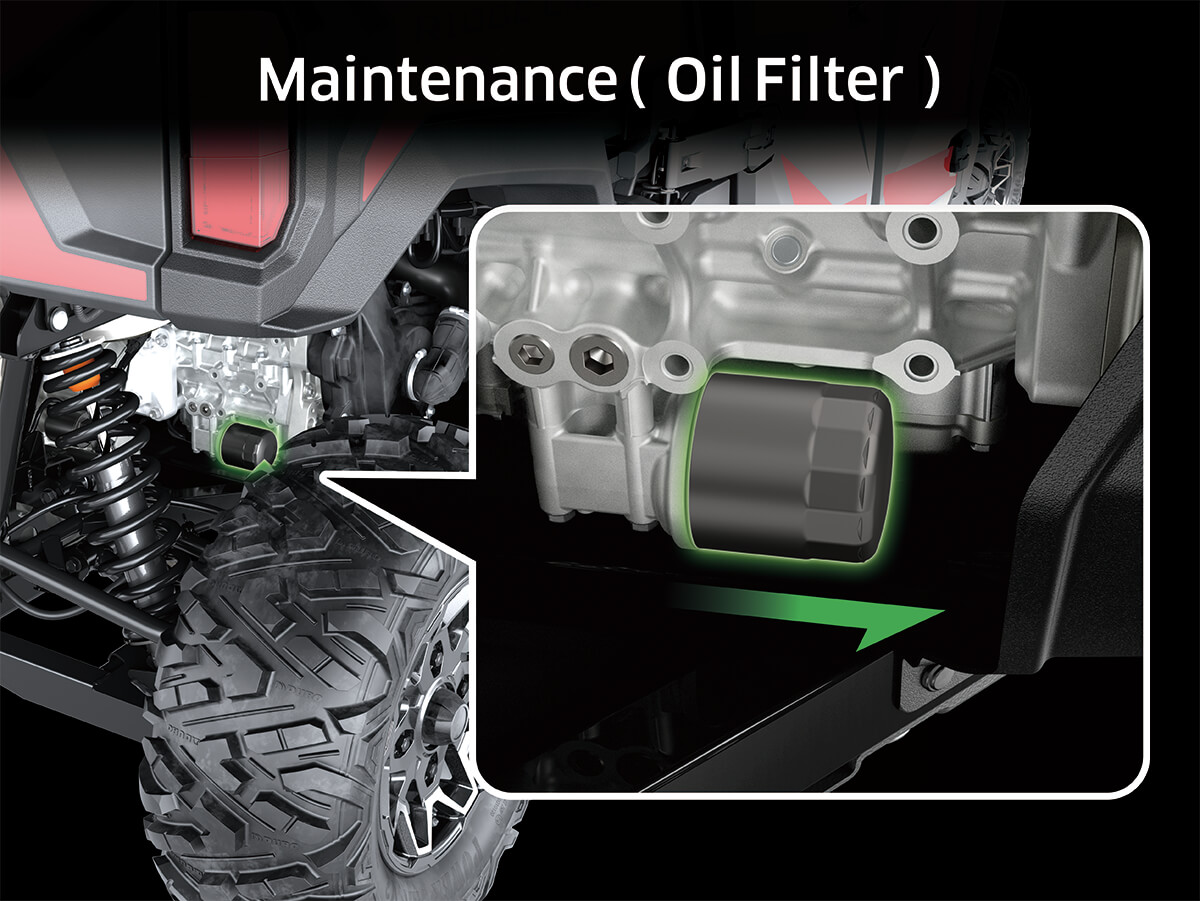 Graphic treatment showing oil filter access of a side x side.