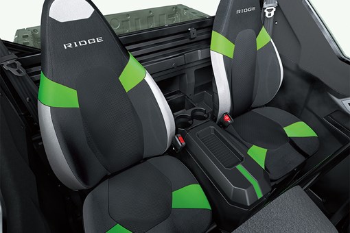 Interior view of rear bucket seating inside a side x side. opens in a new window