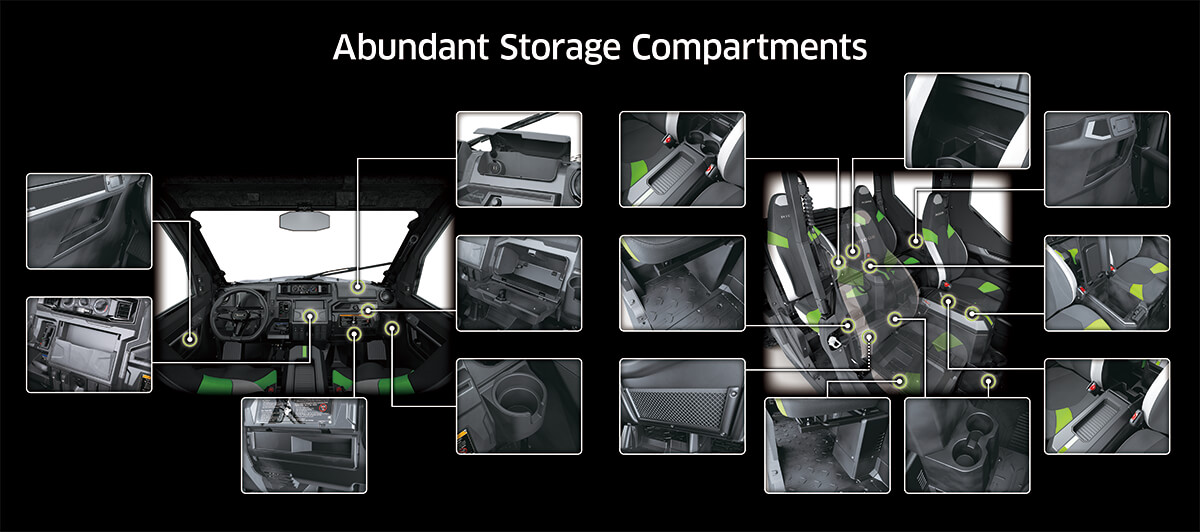 Collage image showing the interior storage compartments of a side x side.