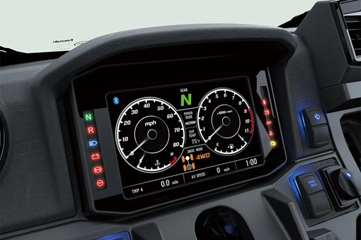 Closeup view of the instrument panel of a side x side with analog-style dials. opens in a new window