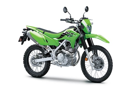 Right three-quarter view of a green dual-sport motorcycle staged in a white studio background. opens in a new window