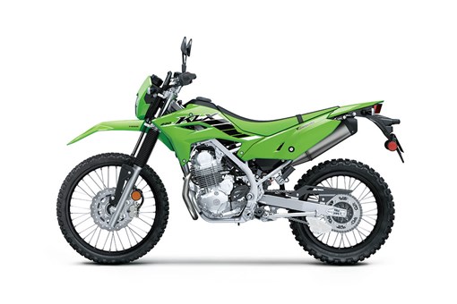 Left side view of a green dual-sport motorcycle staged in a white studio background. opens in a new window