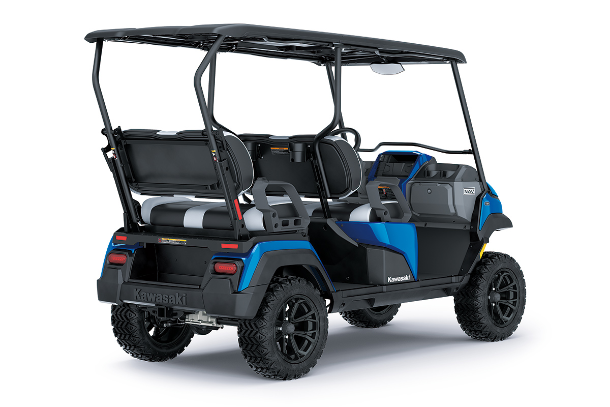 Three-quarter rear angle of a Neighborhood Activity Vehicle staged in a white studio background.