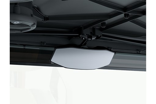 Close-up view of the rearview mirror in a Neighborhood Activity Vehicle. opens in a new window