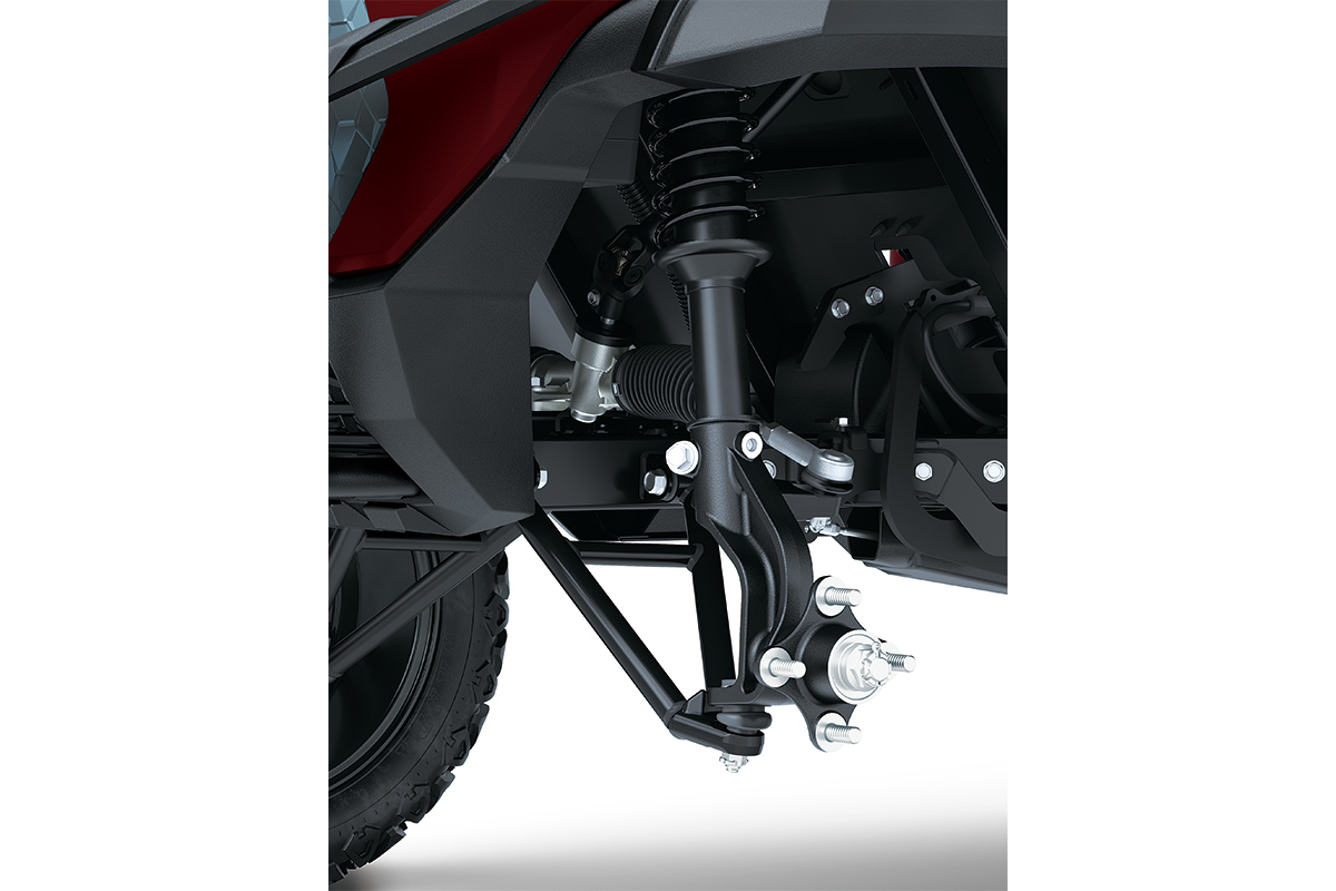 Close-up view of the suspension of a Neighborhood Activity Vehicle.