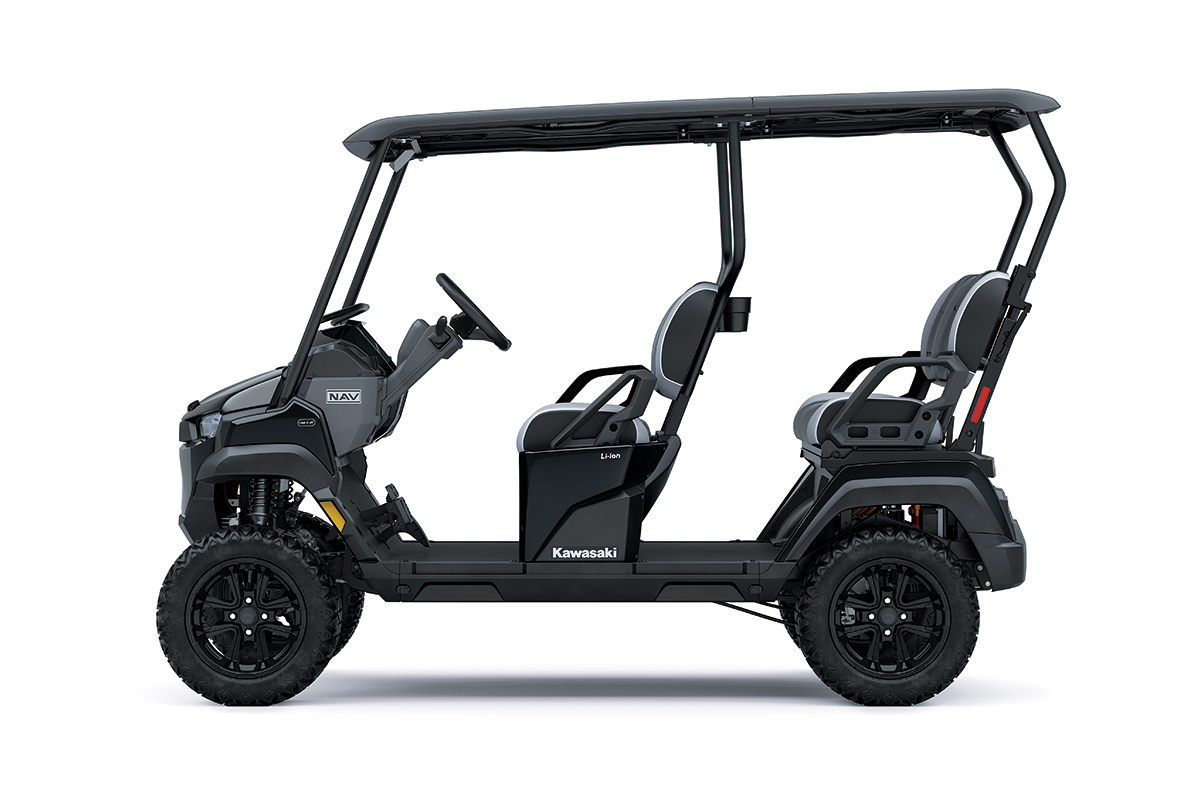 Side angle of a Neighborhood Activity Vehicle staged in a white studio background.