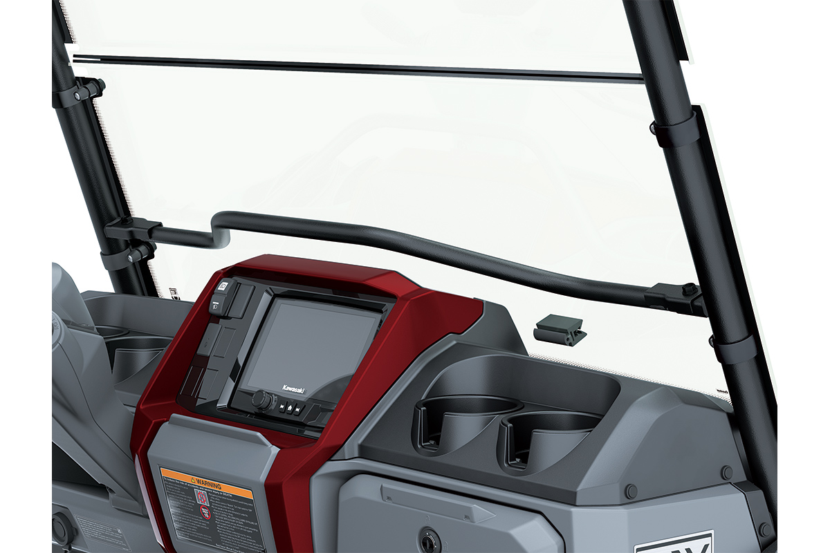 Close-up view of the dashboard and cupholders in a Neighborhood Activity Vehicle.