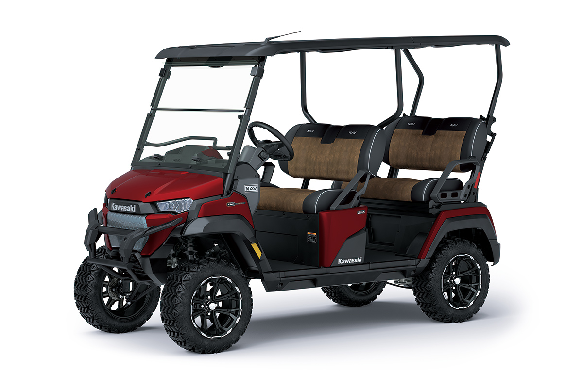 Three-quarter front angle of a Neighborhood Activity Vehicle staged in a white studio background.