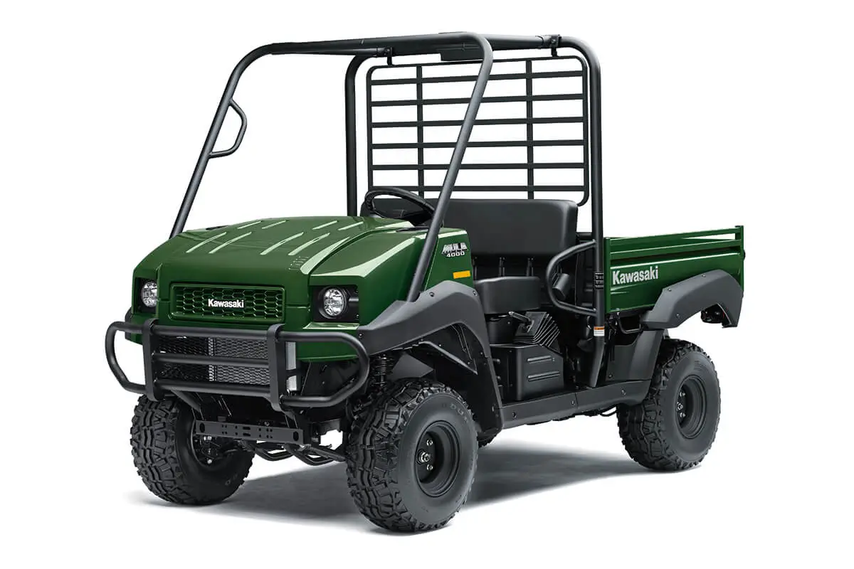 Three-quarter front angle of a green side x side staged in a white studio background.