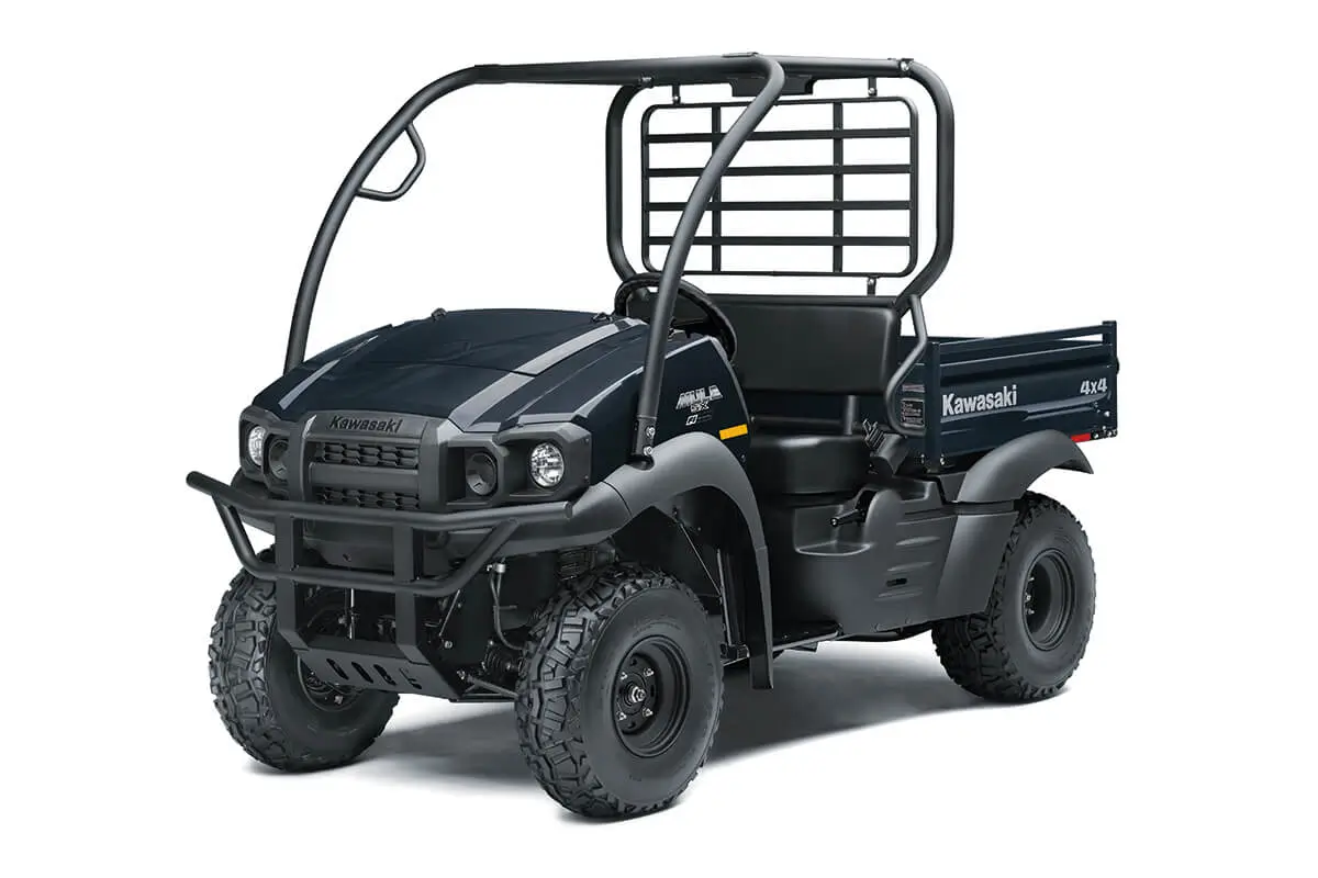 Three-quarter front angle of a black side x side staged in a white studio background.