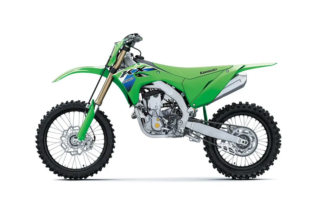 Side angle of a motorcycle staged in a white studio background.