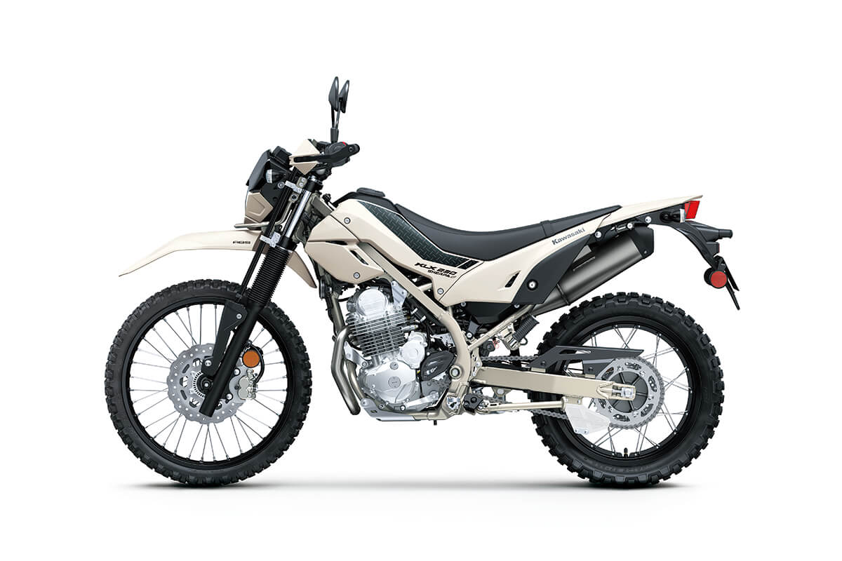 Side angle of a motorcycle staged in a white studio background.