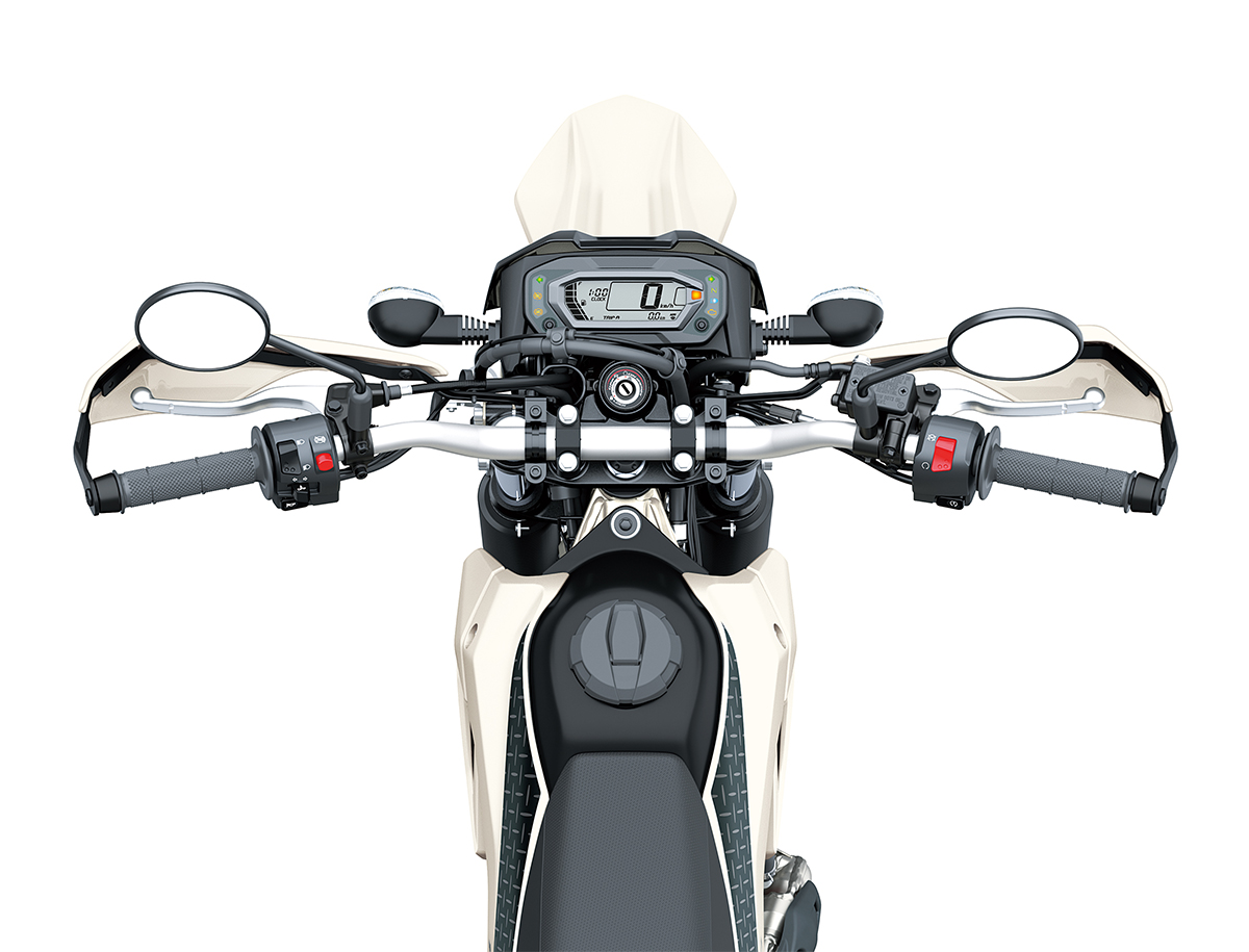 Rider POV of the handlebars of a motorcycle staged in a white studio background.