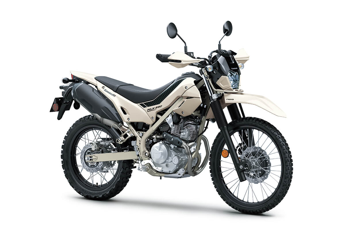 Three-quarter front angle of a motorcycle staged in a white studio background.