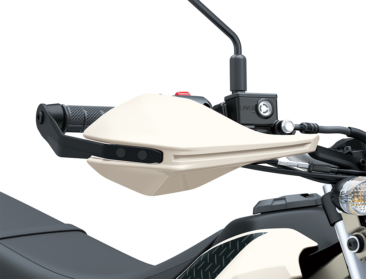 Close-up view of the right handguard of a motorcycle staged in a white studio background.