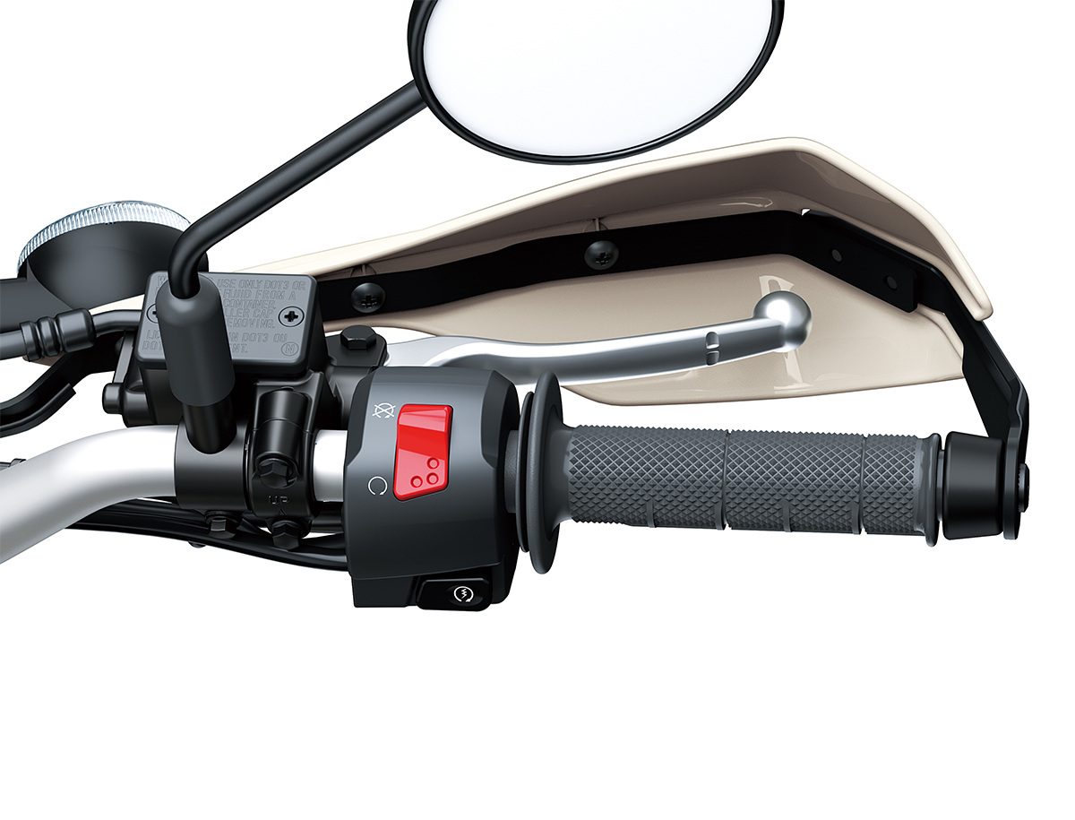 Close-up view of the right handlebar of a motorcycle staged in a white studio background.