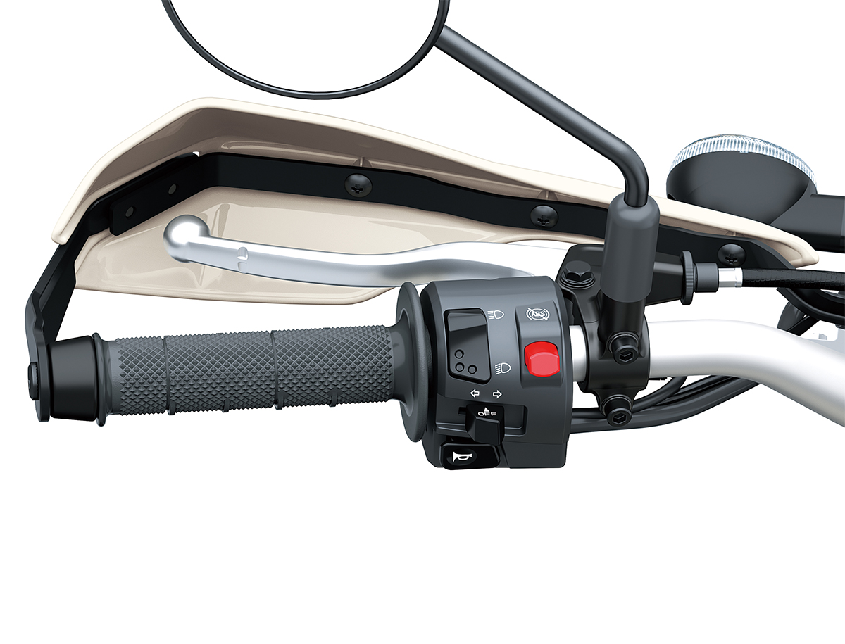Close-up view of the left handlebar of a motorcycle staged in a white studio background.