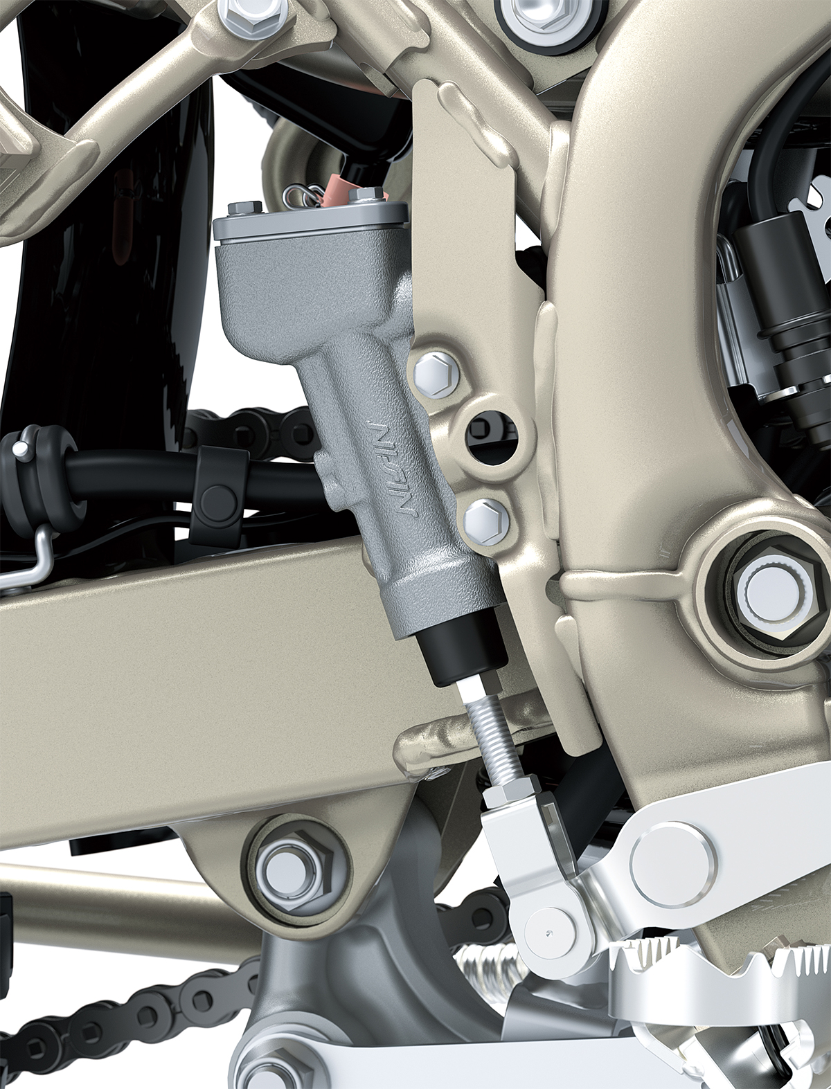 Close-up view of the master cylinder of a motorcycle staged in a white studio background.