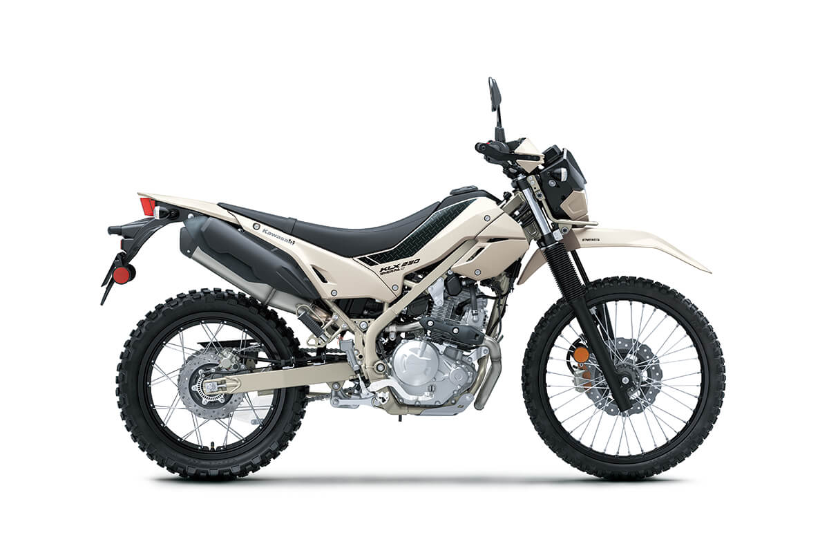 Profile angle of a motorcycle staged in a white studio background.