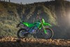 Side angle of a motorcycle staged off-road.