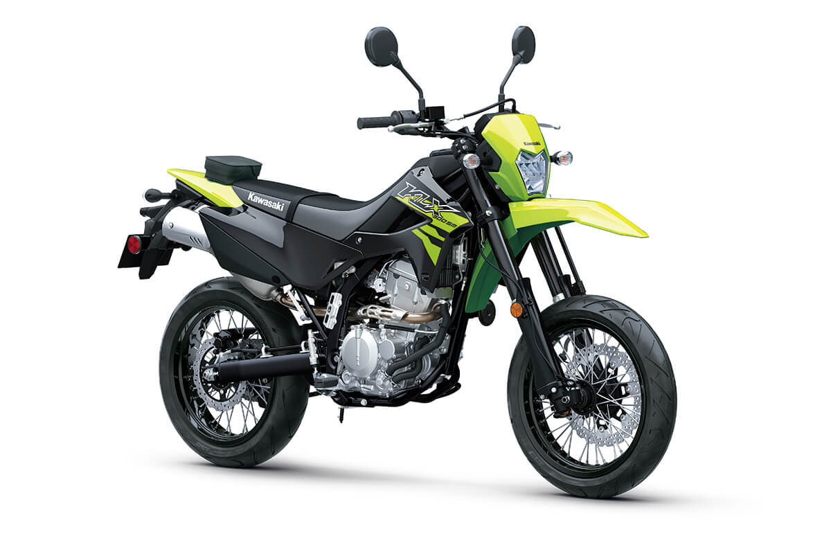 Three-quarter front angle of a motorcycle staged in a white studio background.