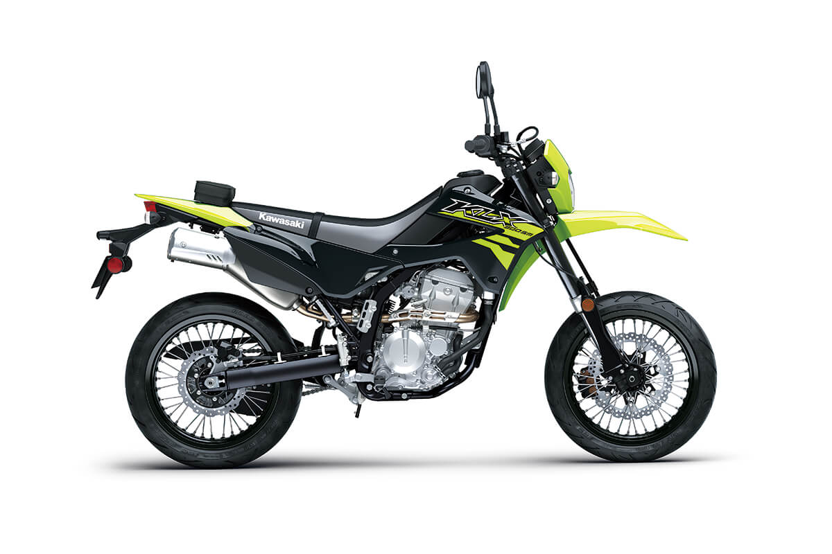 Profile angle of a motorcycle staged in a white studio background.