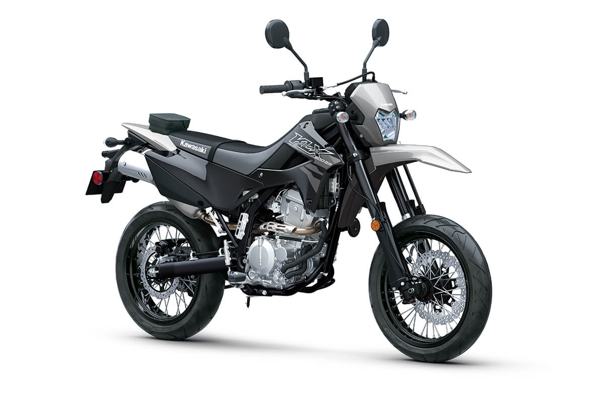 Three-quarter front angle of a black motorcycle staged in a white studio background.