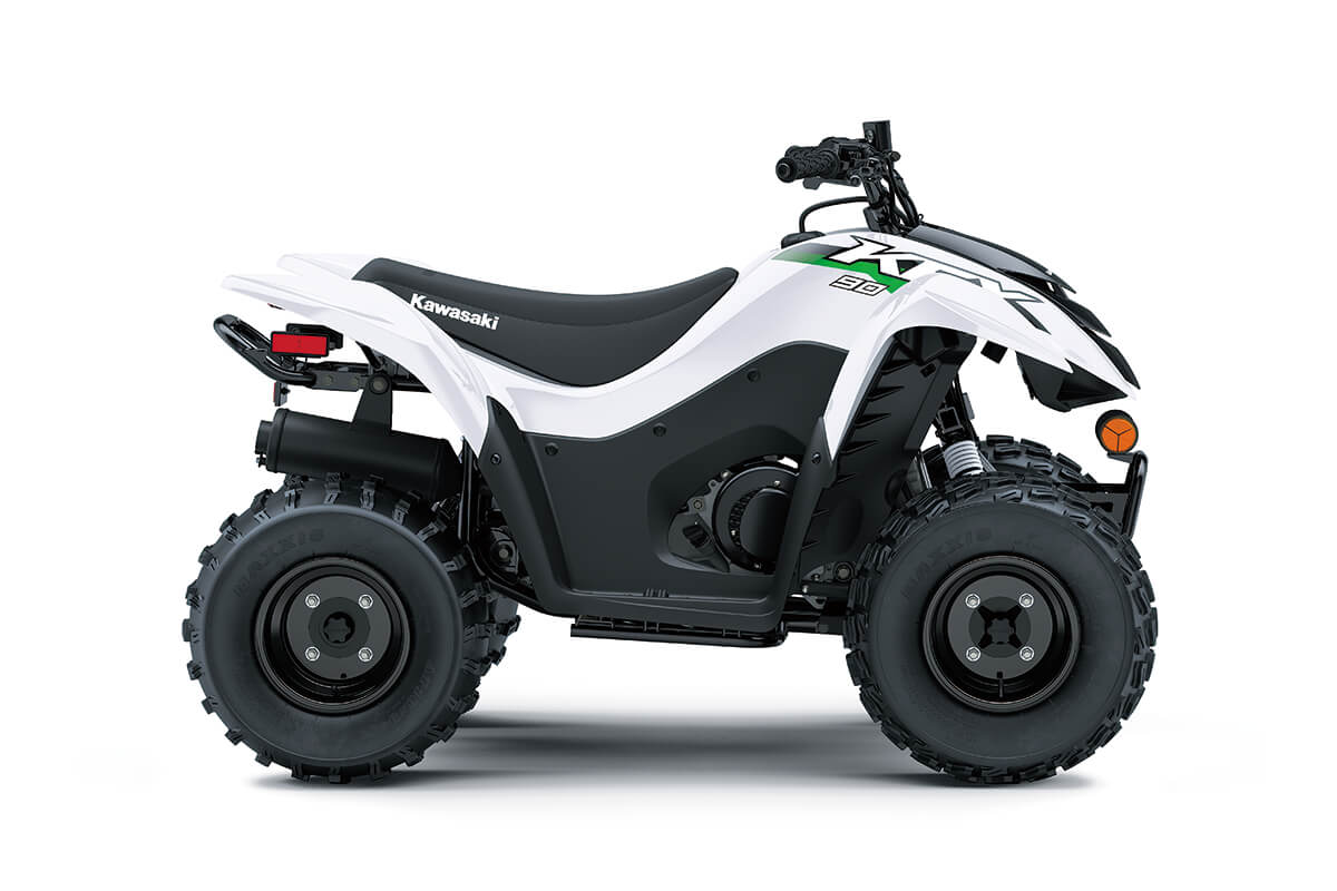 Side angle of a white ATV staged in a white studio background.