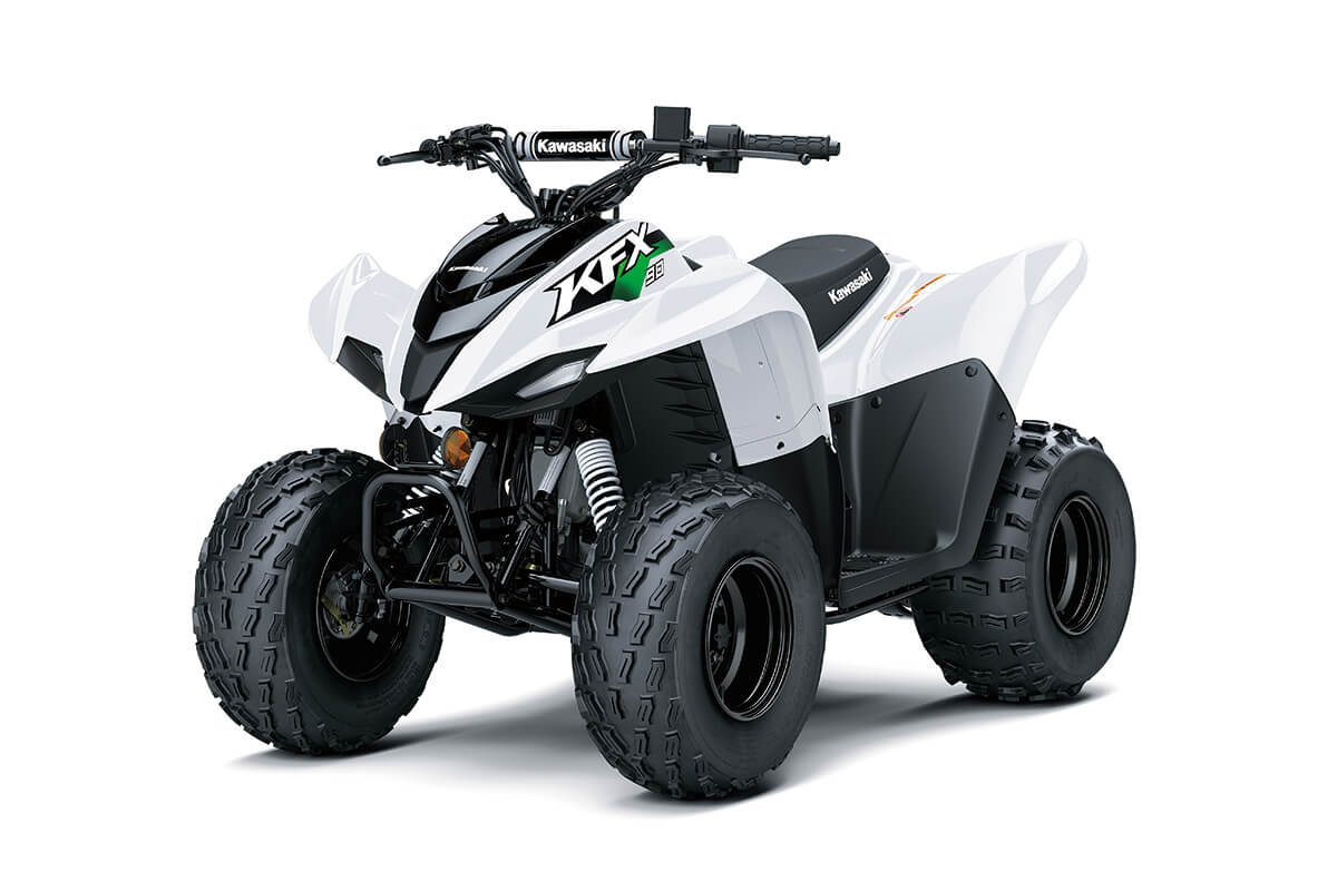 Three-quarter front angle of a white ATV staged in a white studio background.