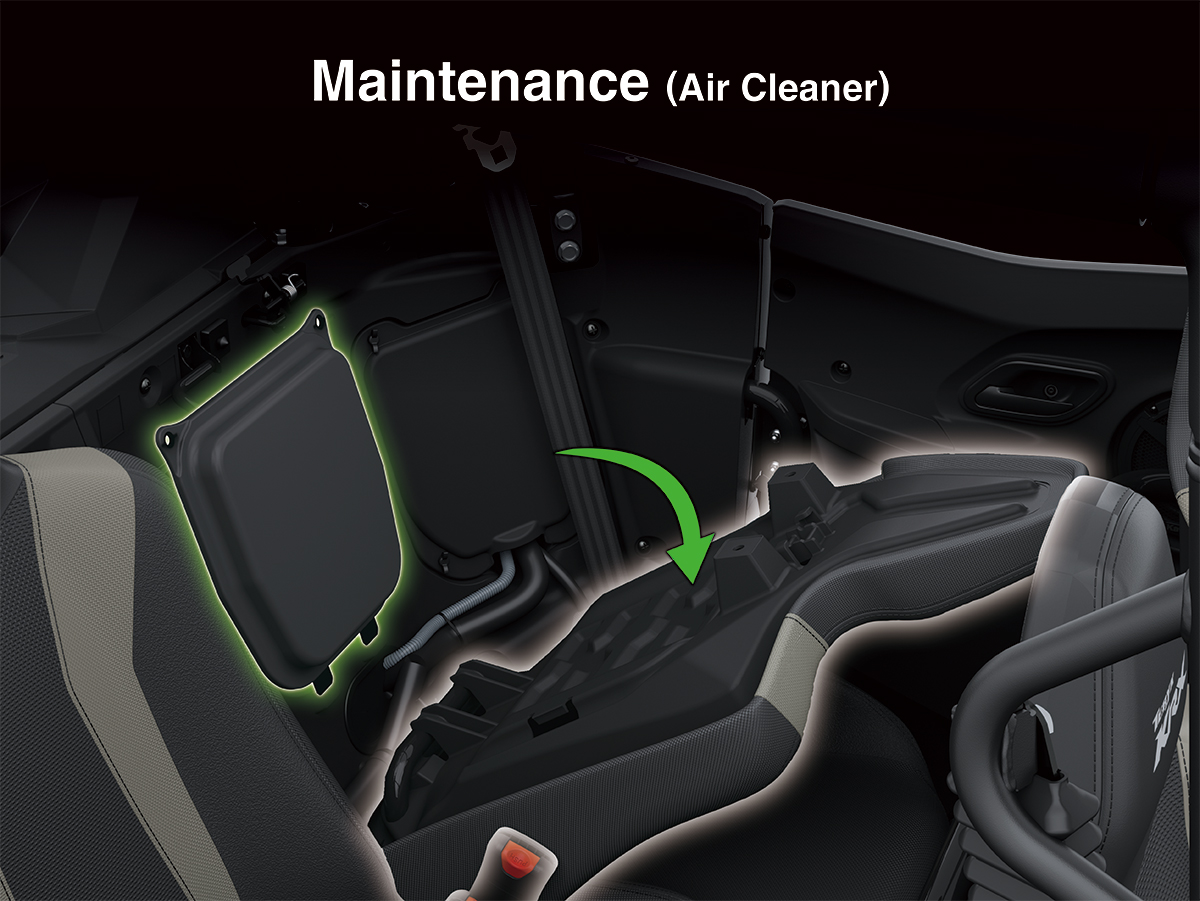 Graphic treatment showing instructions for air cleaner maintenance on a side x side.