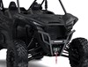 Close-up view of the front end of a side x side staged in a white studio background.