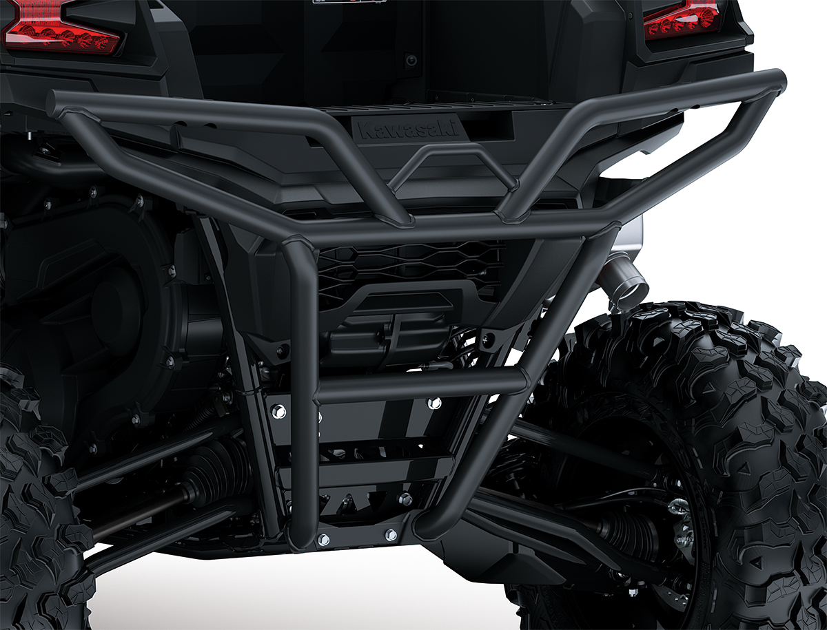 Close-up view of the rear bumper of a side x side staged in a white studio background.