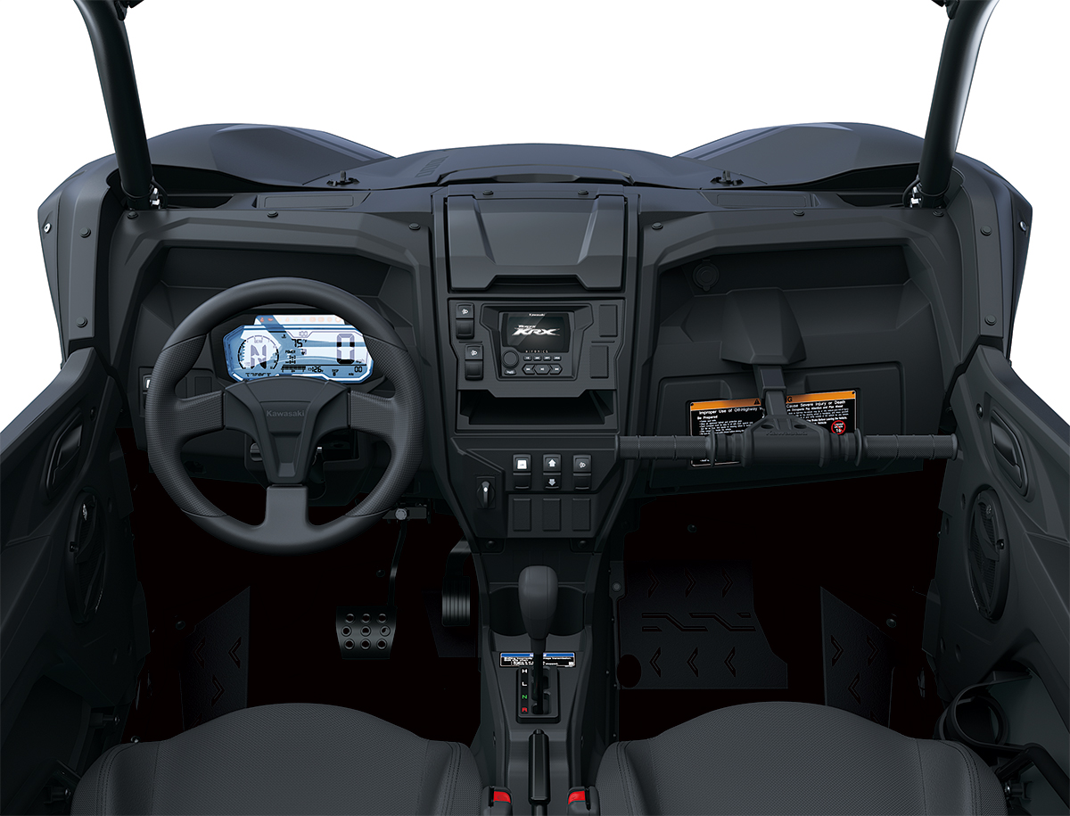 Center POV of the steering wheel and dashboard of a side x side staged in a white studio background.