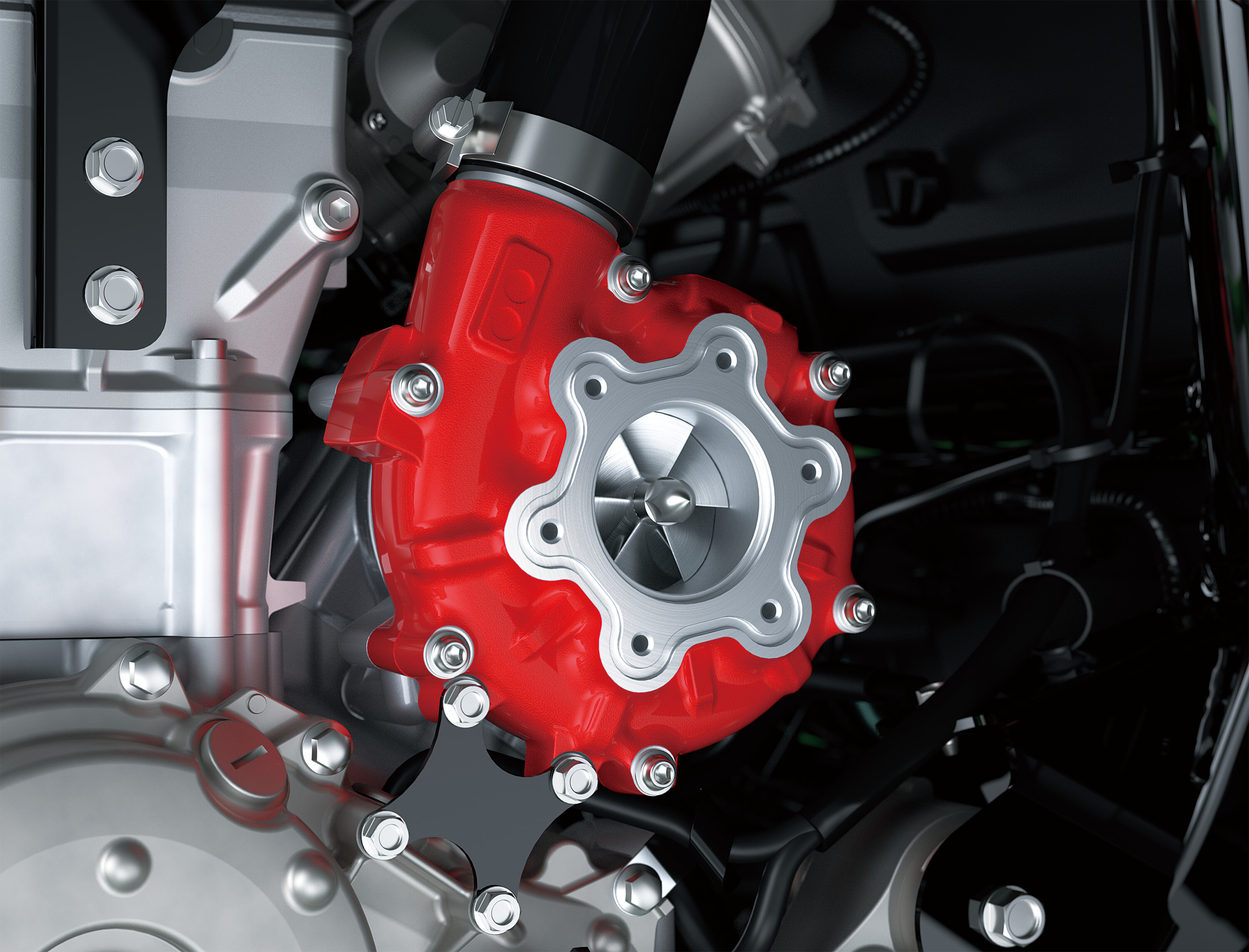 Close-up of a supercharger on a side x side in a white studio background.