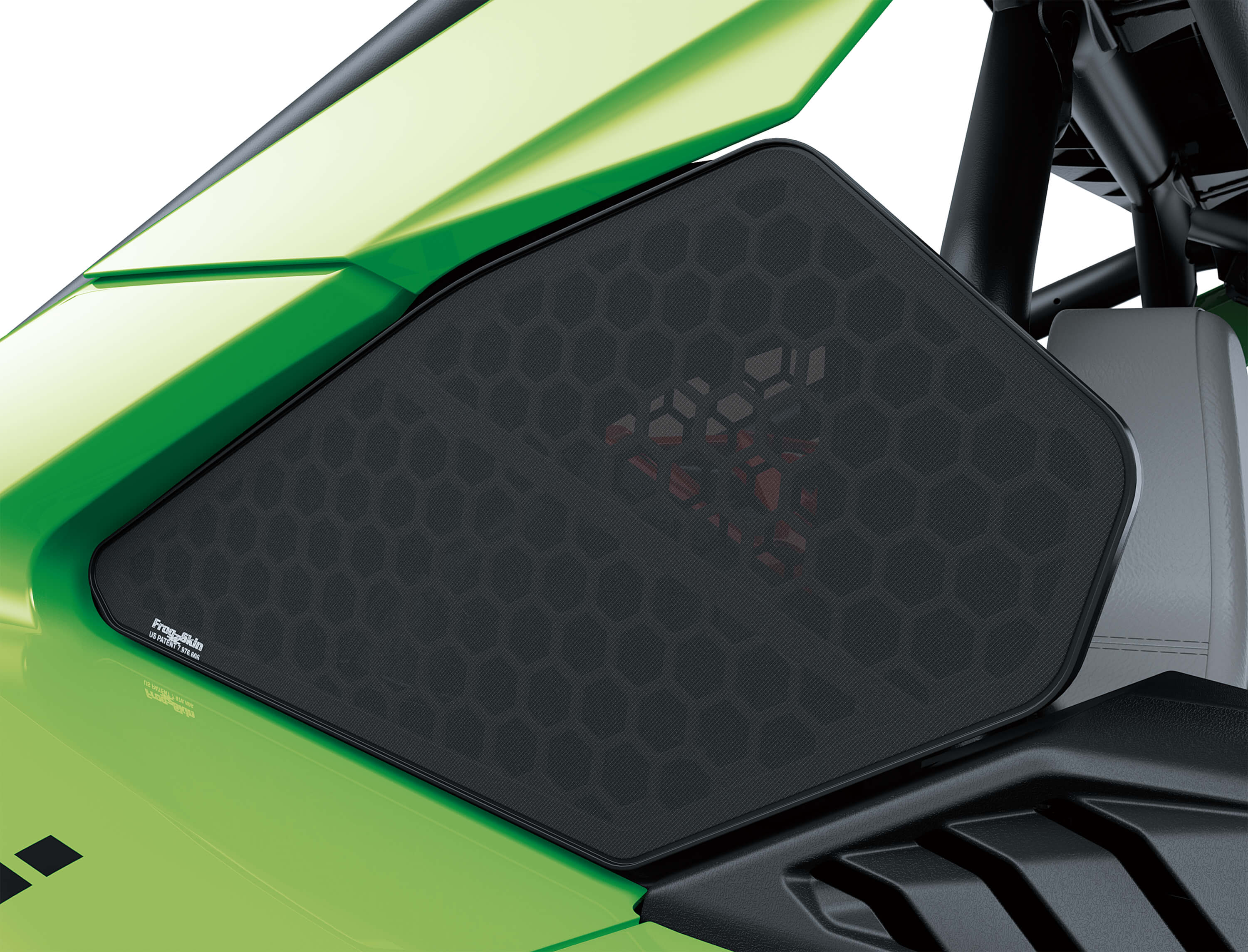 Close-up of a music speaker on a side x side in a white studio background.