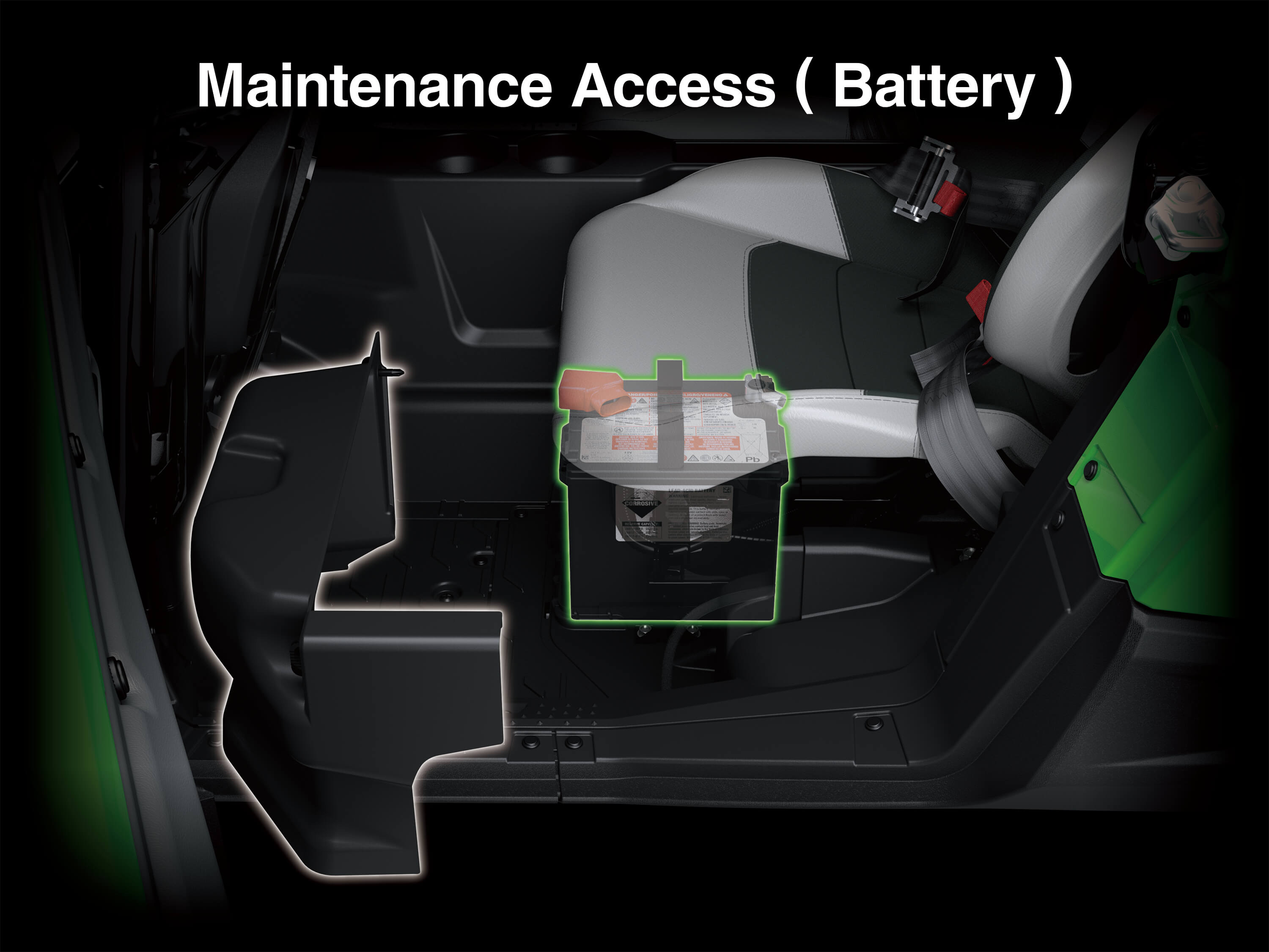 Graphic treatment of a side x side battery access.