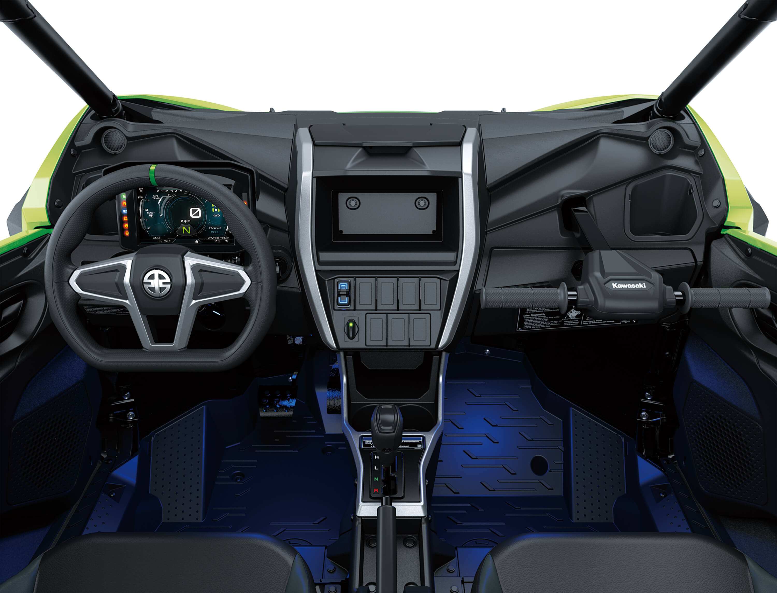 POV angle of the driver compartment inside a side x side in a white studio background.