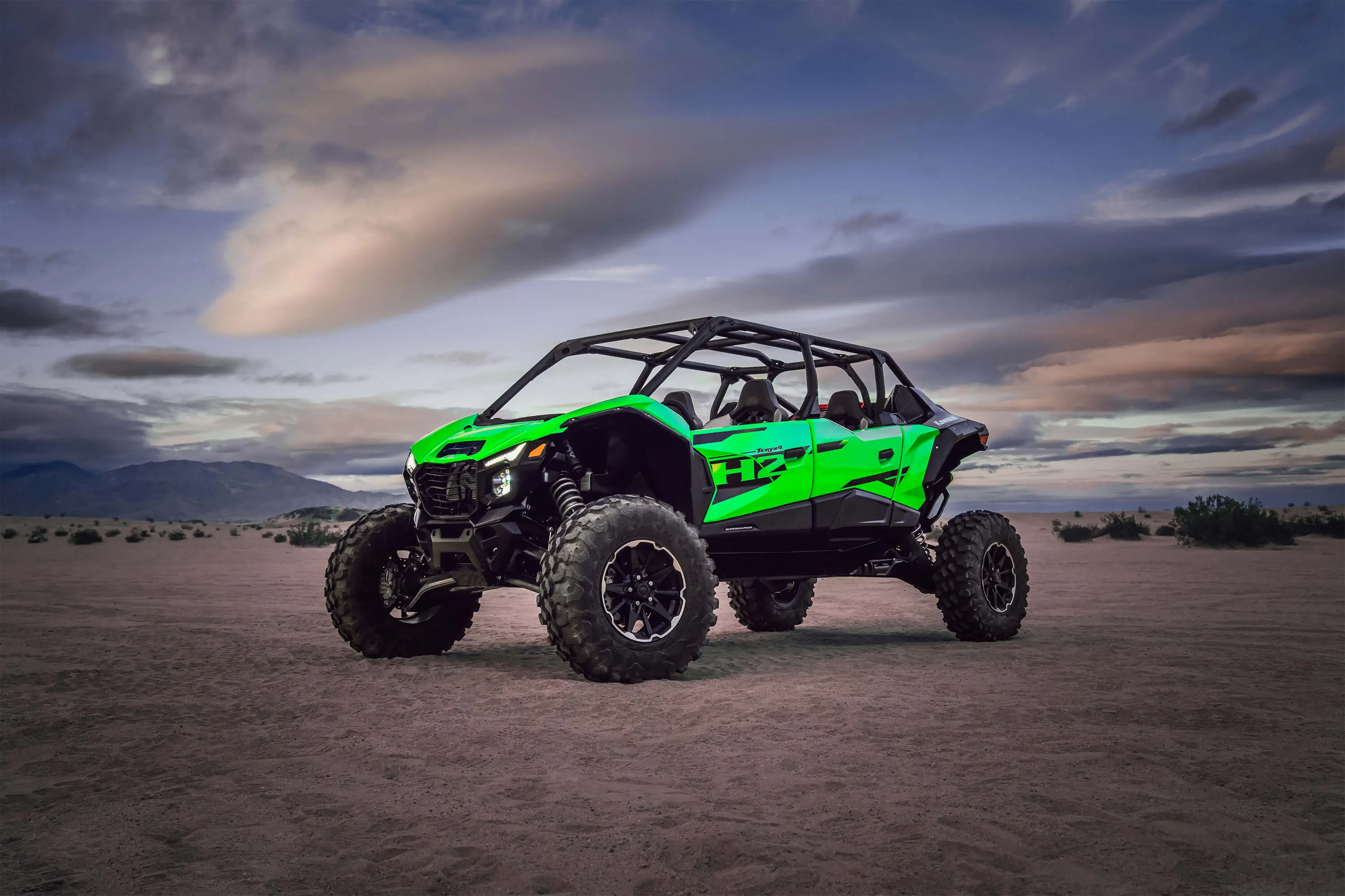 Three-quarter front angle of a side x side off-road.