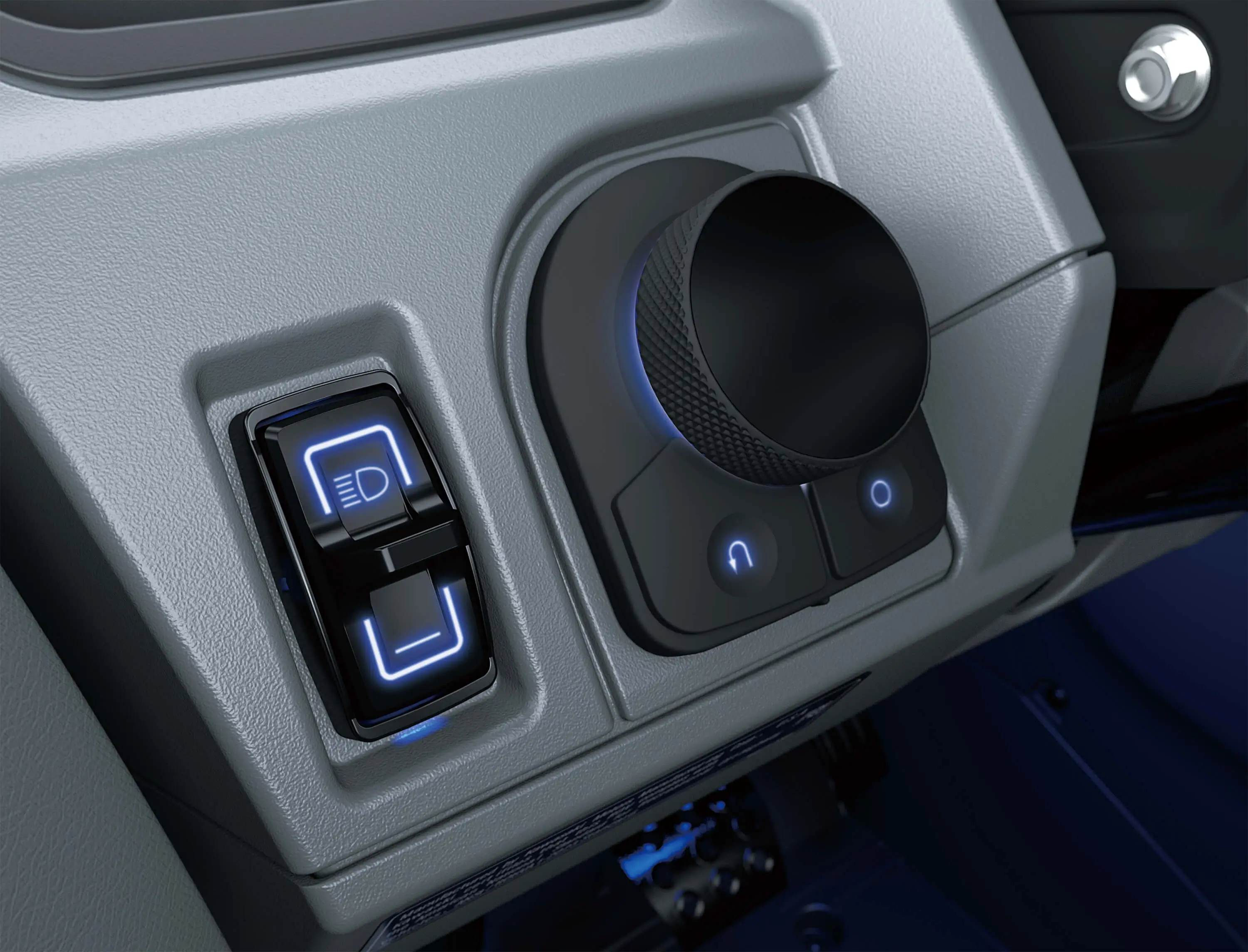 Close-up of interior controls on a side x side in a white studio background.