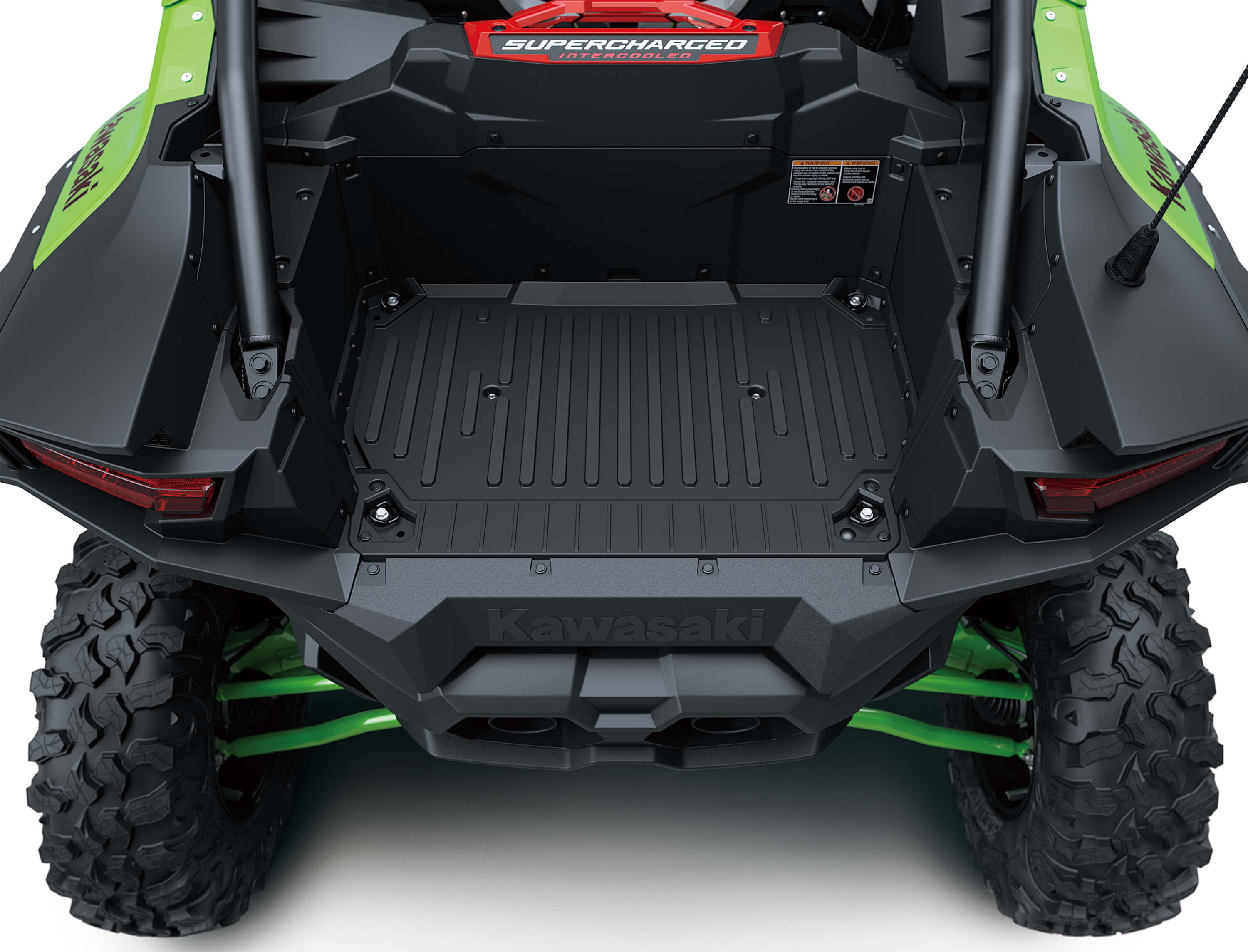 Overhead angle of rear storage on a side x side in a white studio background.