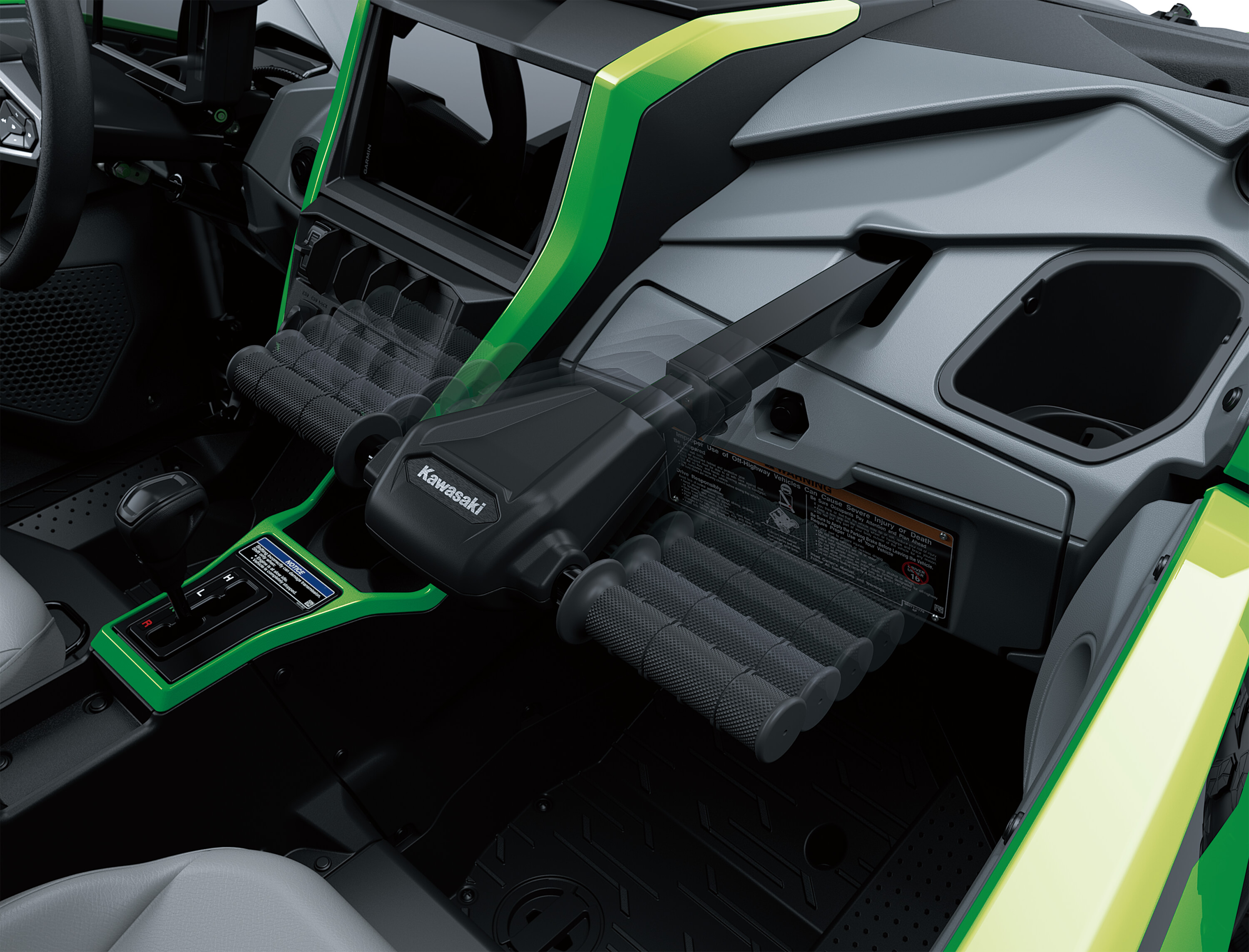 Front passenger compartment of a side x side in a white studio background.