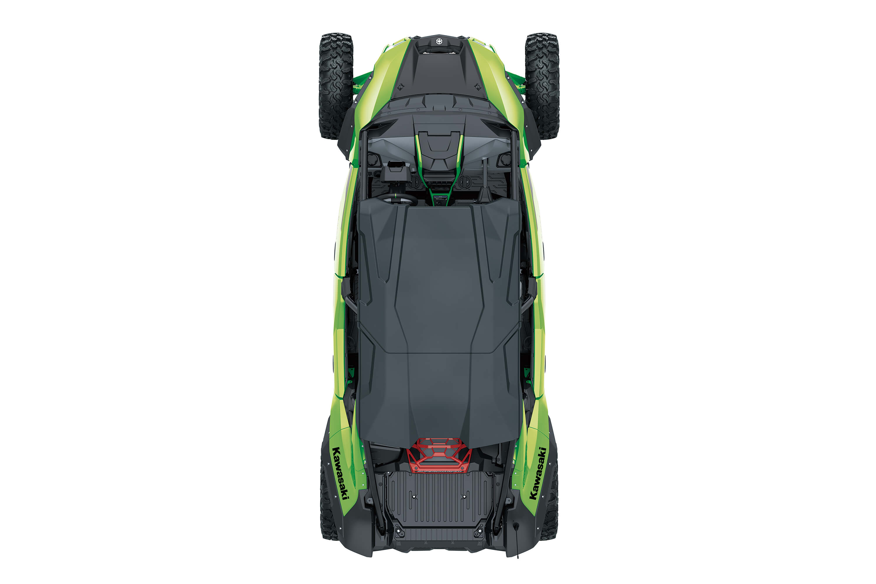 Overhead angle of a side x side staged in a white studio background.