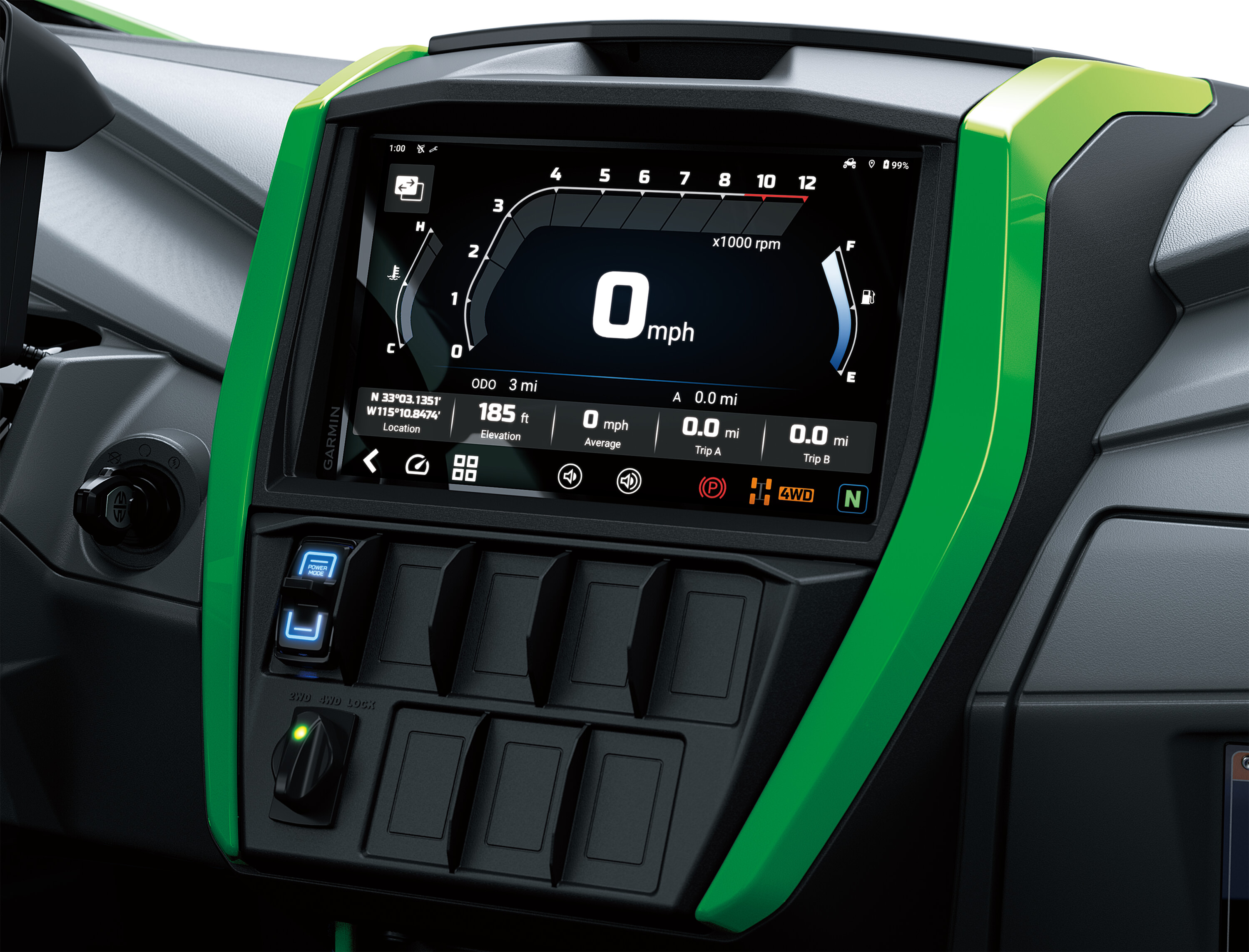 Overall infotainment screen view in a side x side in a white studio background.