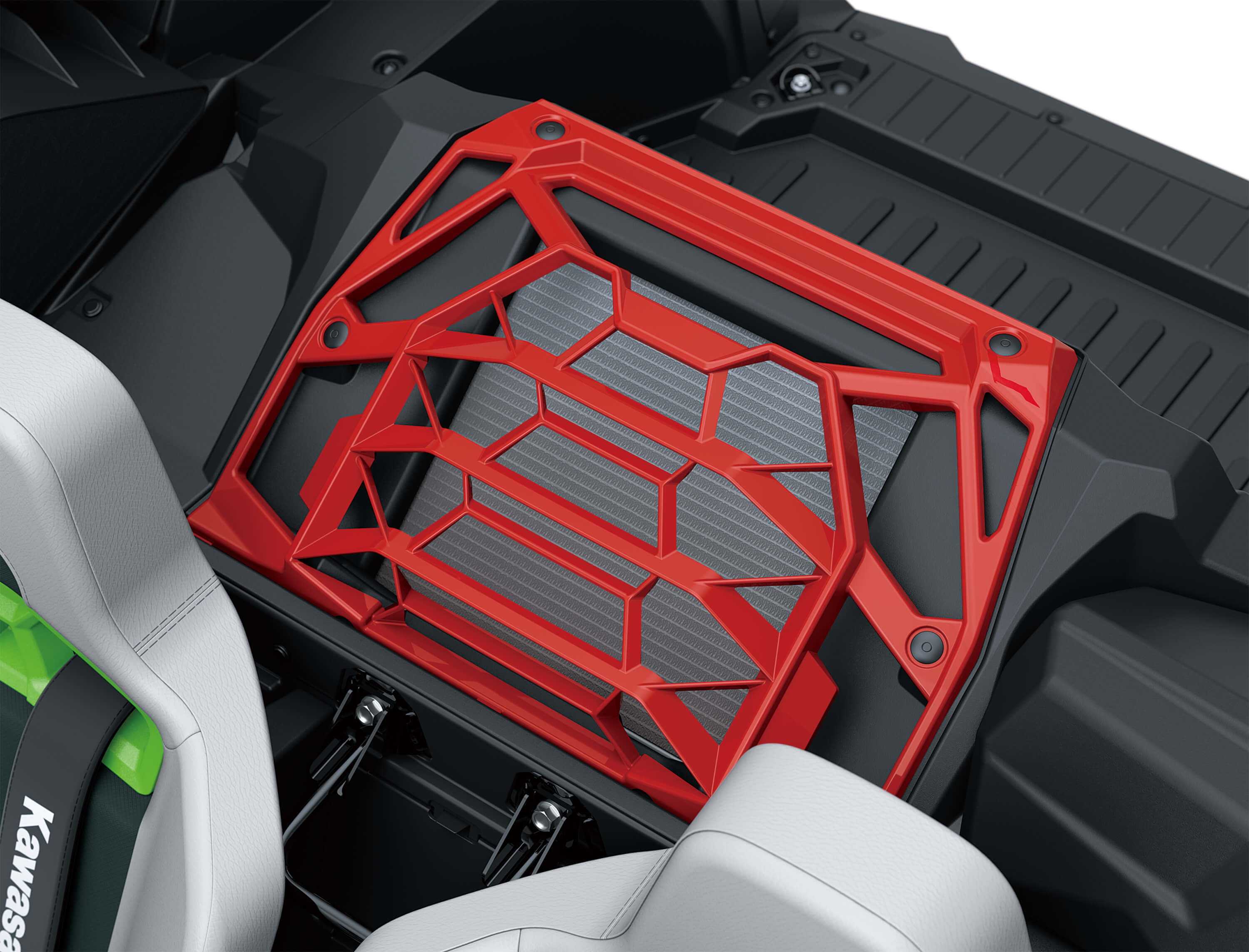 Close-up of rear compartment detail in a side x side in a white studio background.