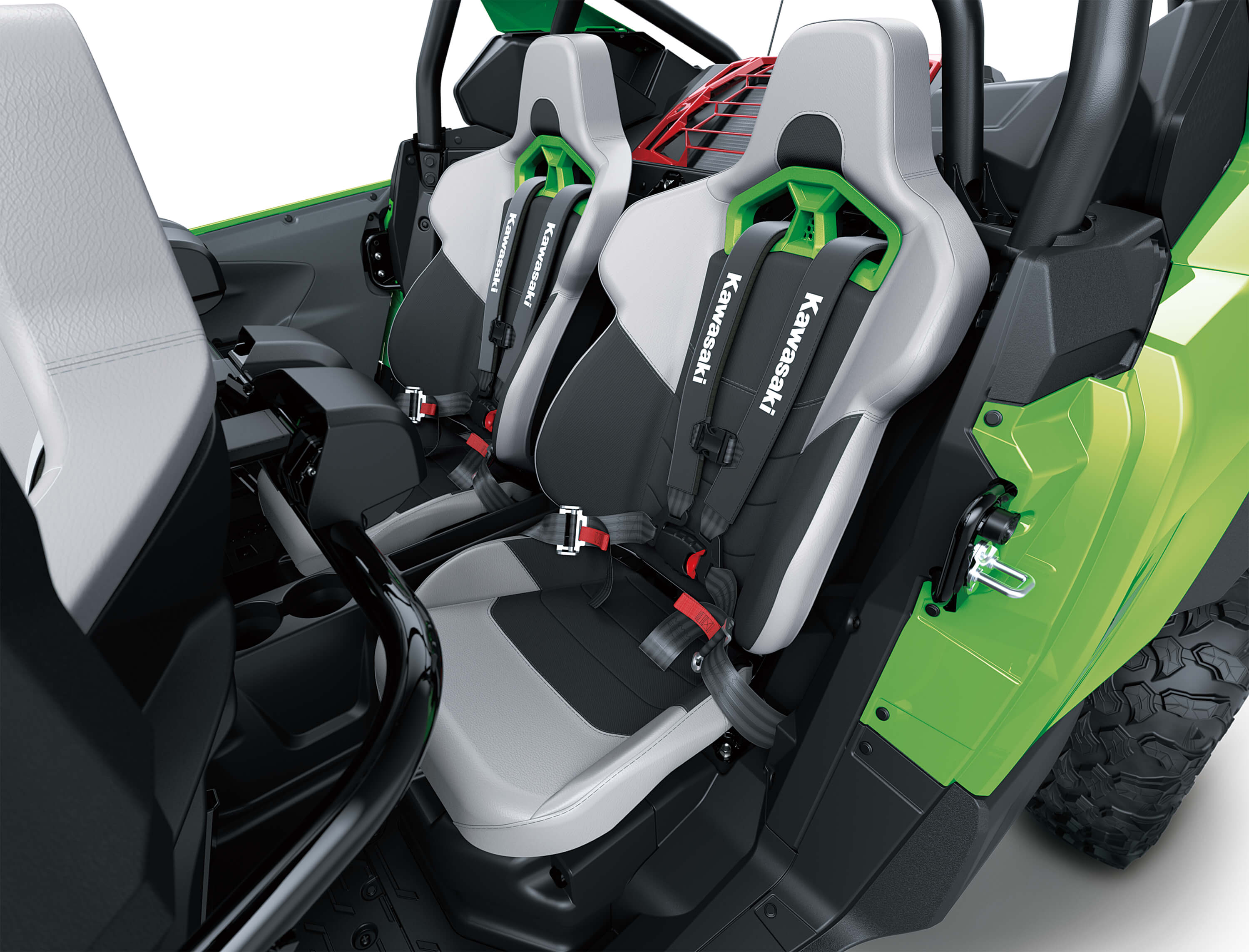 Front seats in a side x side in a white studio background.