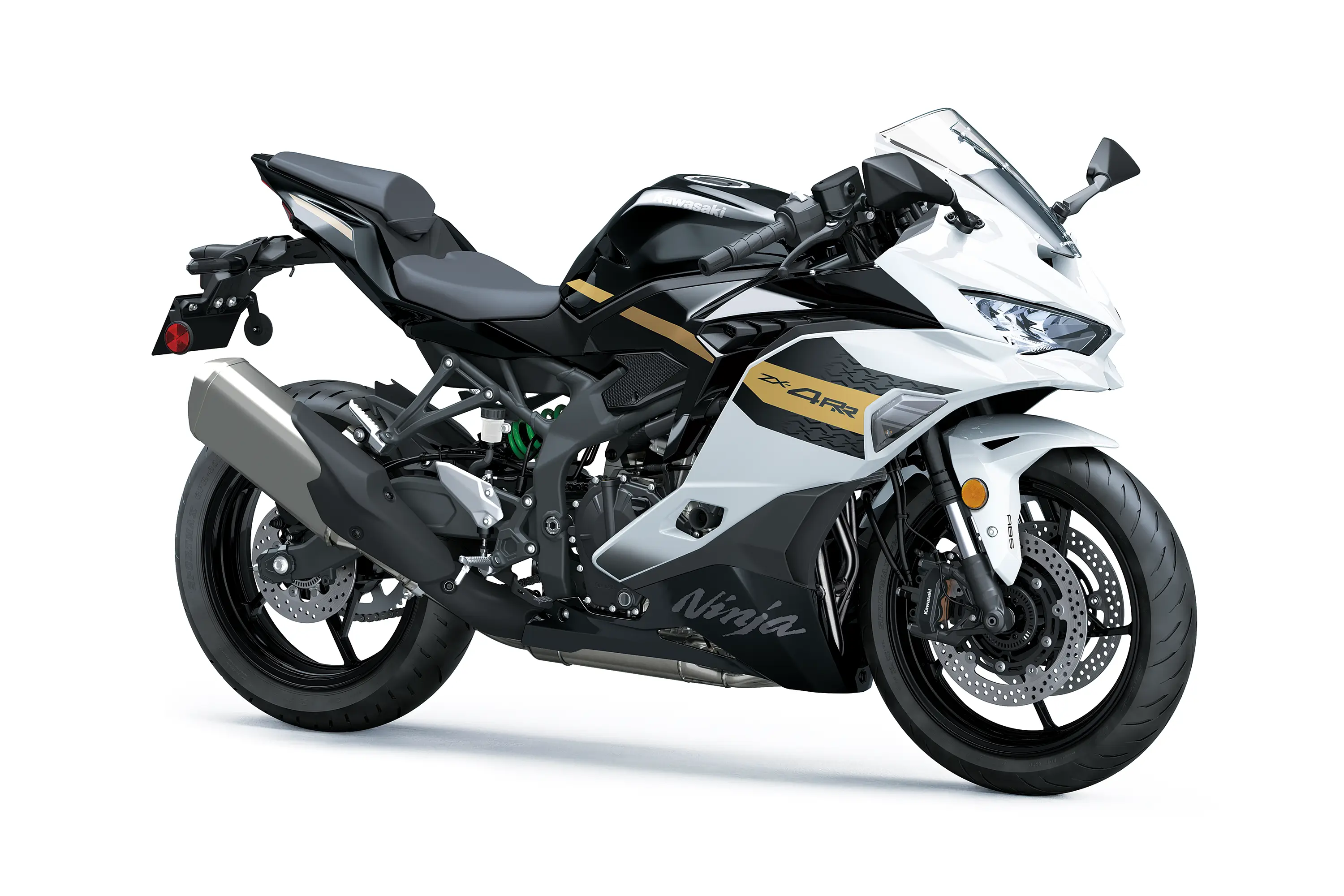 Three-quarter front angle of a white and black motorcycle staged in a white studio background.