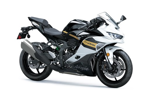 Three-quarter front angle of a white and black motorcycle staged in a white studio background. opens in a new window
